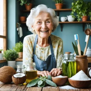 Mamie Colette dans sa cuisine prépare des remèdes naturels pour les gencives, entourée d'huile de coco, de plantes d'aloe vera, d'une infusion de sauge, de bicarbonate de soude, et sourit avec des gencives en bonne santé.