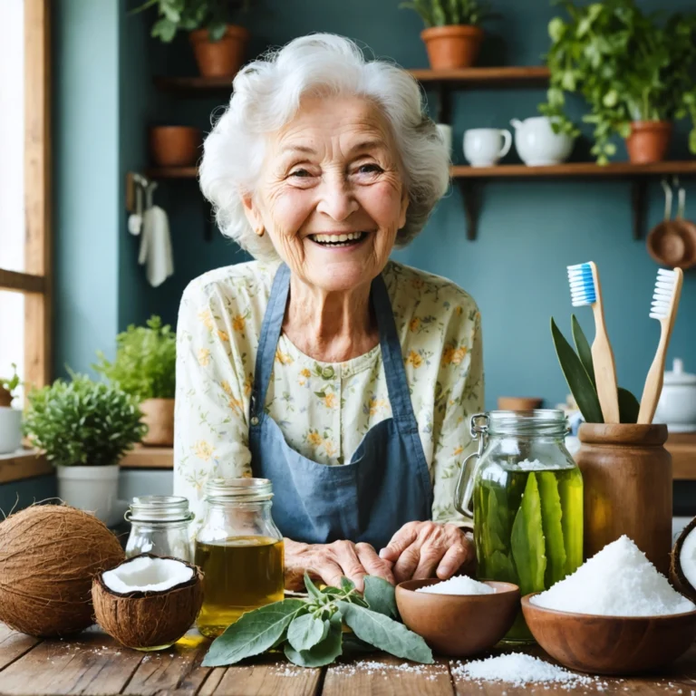 Mamie Colette dans sa cuisine prépare des remèdes naturels pour les gencives, entourée d'huile de coco, de plantes d'aloe vera, d'une infusion de sauge, de bicarbonate de soude, et sourit avec des gencives en bonne santé.
