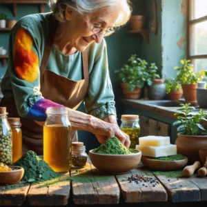 Mamie Colette applique un remède naturel à base d’ingrédients maison sur un gros hématome, entourée de pots de miel, d’argile verte, de glaçons et de plantes dans une cuisine chaleureuse.