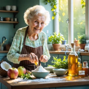 Mamie Colette prépare des remèdes naturels contre l'intertrigo dans une cuisine ensoleillée avec des ingrédients comme miel, amidon de maïs et huiles.