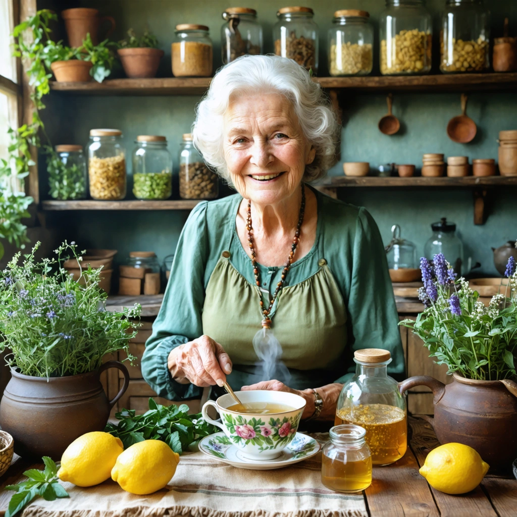 Mamie Colette prépare un remède naturel pour soulager les douleurs intestinales, avec des tisanes, une bouillotte et du citron dans une cuisine chaleureuse.