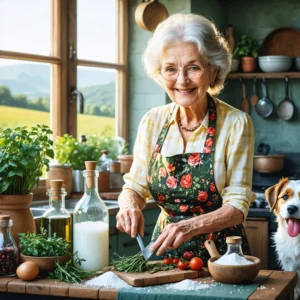 Mamie Colette prépare un remède naturel contre les tiques dans sa cuisine chaleureuse, entourée d’herbes, de vinaigre, de bicarbonate et d’un chien heureux.