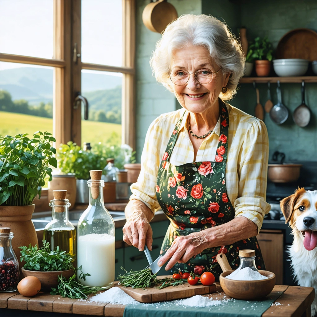 Mamie Colette prépare un remède naturel contre les tiques dans sa cuisine chaleureuse, entourée d’herbes, de vinaigre, de bicarbonate et d’un chien heureux.