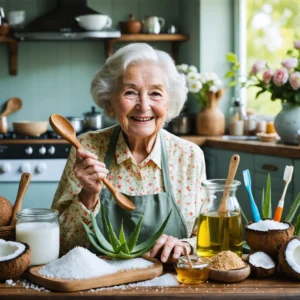 Mamie Colette dans sa cuisine entourée de remèdes naturels pour les gencives comme le bicarbonate, le miel, l'aloe vera et du sel, avec une ambiance chaleureuse.