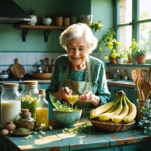 Mamie Colette prépare des remèdes naturels pour apaiser l’inflammation de l’intestin dans une cuisine chaleureuse avec tisane, aloe vera, bouillon et fruits.