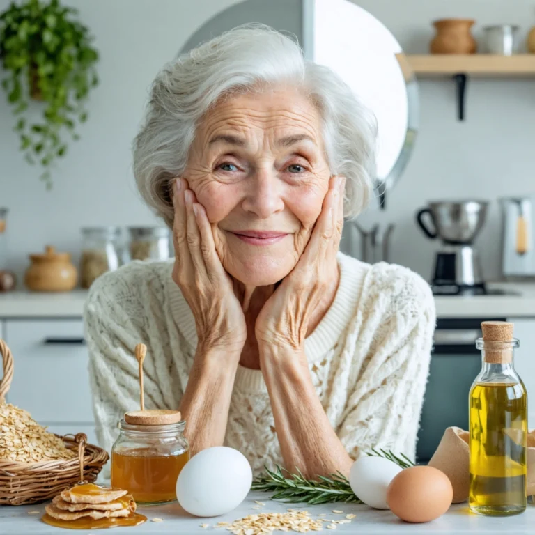 Mamie Colette souriante devant son miroir, appliquant un remède naturel autour de la bouche avec des ingrédients comme du miel, de l’avoine et de l’huile de ricin posés sur la table.