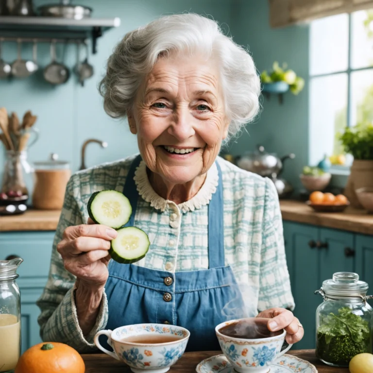 Mamie Colette souriante dans sa cuisine, tenant des rondelles de concombre et une tasse de thé, avec des ingrédients naturels pour soigner un visage gonflé