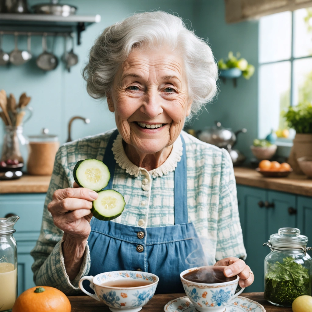 Mamie Colette souriante dans sa cuisine, tenant des rondelles de concombre et une tasse de thé, avec des ingrédients naturels pour soigner un visage gonflé