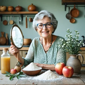 Mamie Colette prépare un soin naturel pour les cheveux gras avec argile, vinaigre, sauge et bicarbonate dans sa cuisine chaleureuse.