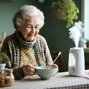 Mamie Colette prépare un remède maison pour apaiser un nez sec et irrité, entourée d’éléments naturels et d’un humidificateur.