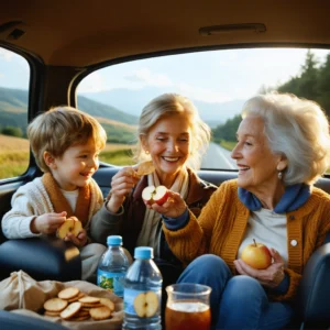 Mamie Colette partage des astuces contre le mal des transports avec ses petits-enfants dans la voiture pendant un voyage familial.