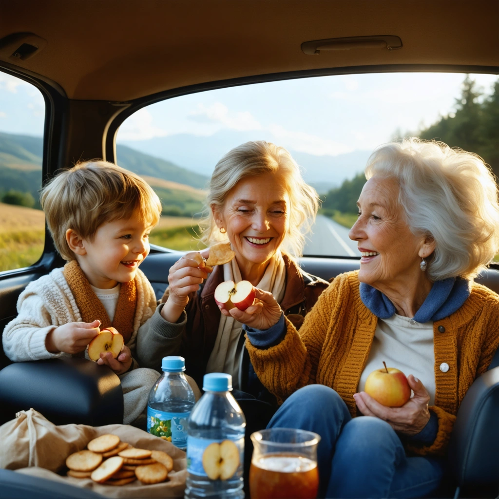 Mamie Colette partage des astuces contre le mal des transports avec ses petits-enfants dans la voiture pendant un voyage familial.