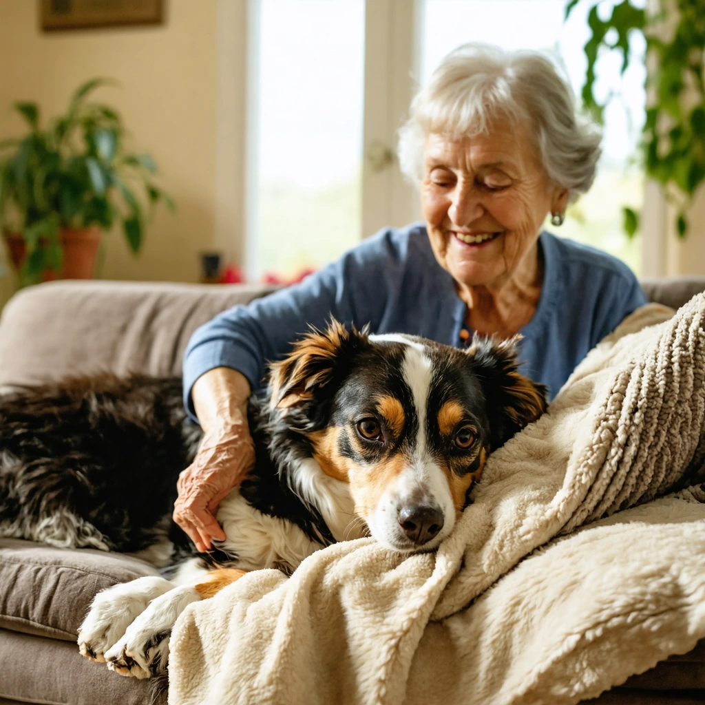 Une mamie masse doucement un chien âgé installé confortablement sur un coussin, dans un salon chaleureux et lumineux avec des plantes et des textiles doux