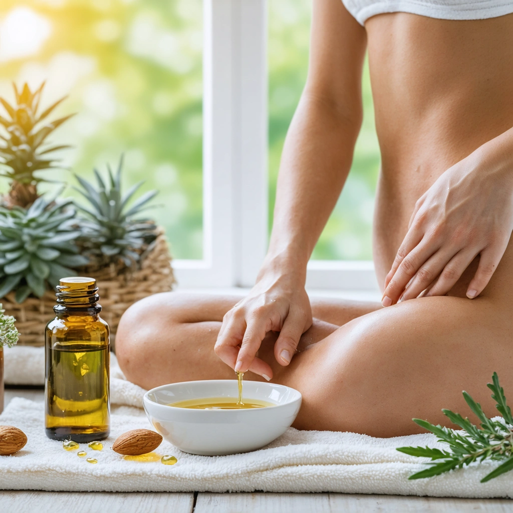 Personne se massant la hanche à la maison avec de l'huile d'amande douce et des huiles essentielles, ambiance relaxante et chaleureuse.