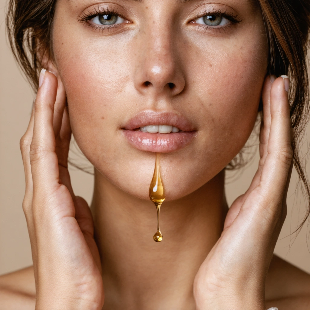 Mains d'une femme massant délicatement une goutte d'huile de ricin autour de la bouche pour un soin anti-rides naturel.