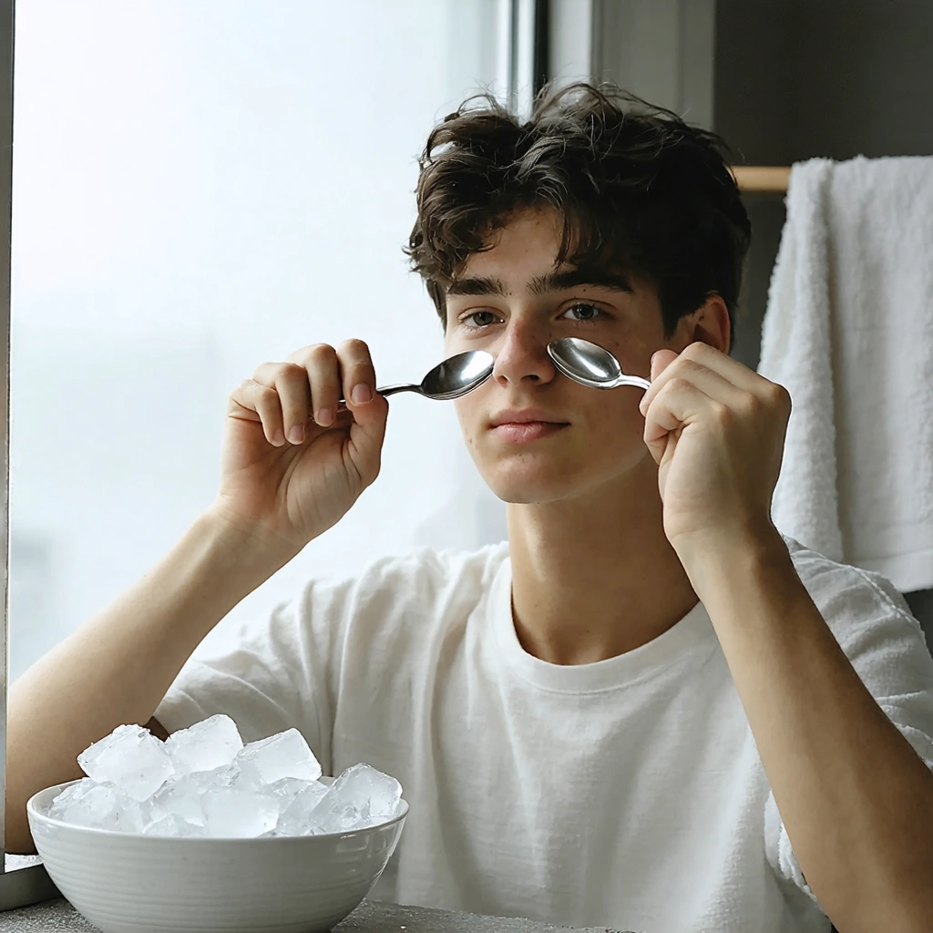 Une personne applique des cuillères froides sur ses paupières le matin, avec des glaçons et un torchon à côté, exprimant une sensation de fraîcheur et de bien-être.