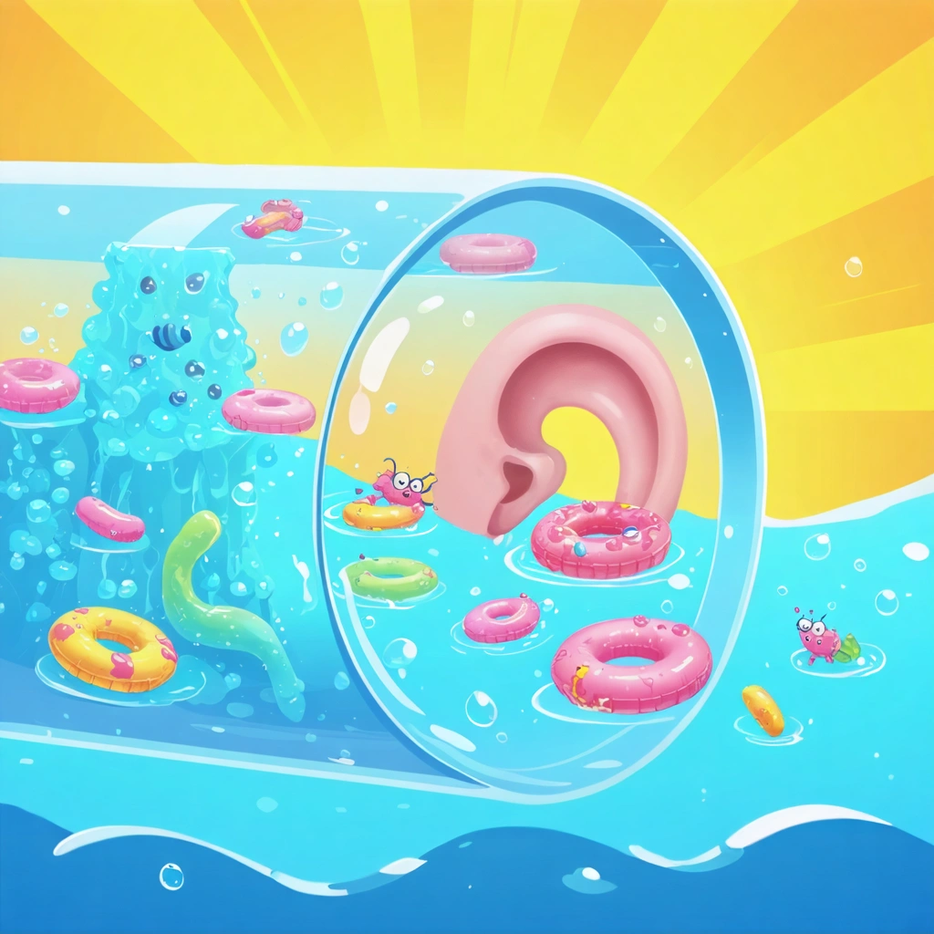 Illustration amusante d'un conduit auditif rempli d'eau, où des microbes et champignons cartoon prennent du plaisir, rappelant une scène de spa, pour illustrer l'origine du mal d'oreille.