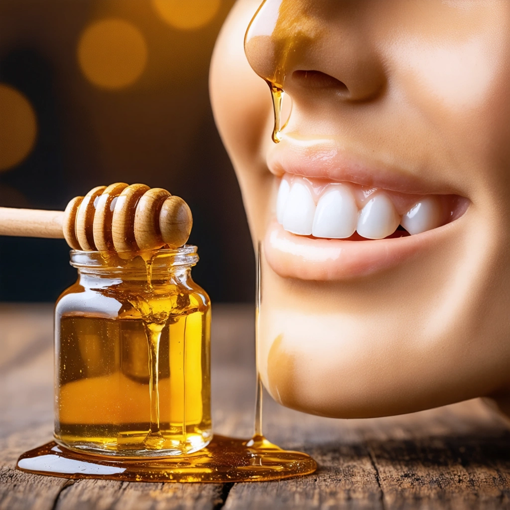 Un pot de miel avec une cuillère en bois qui verse du miel sur une maquette de dents et de gencives, illustrant un remède naturel pour les gencives sensibles.