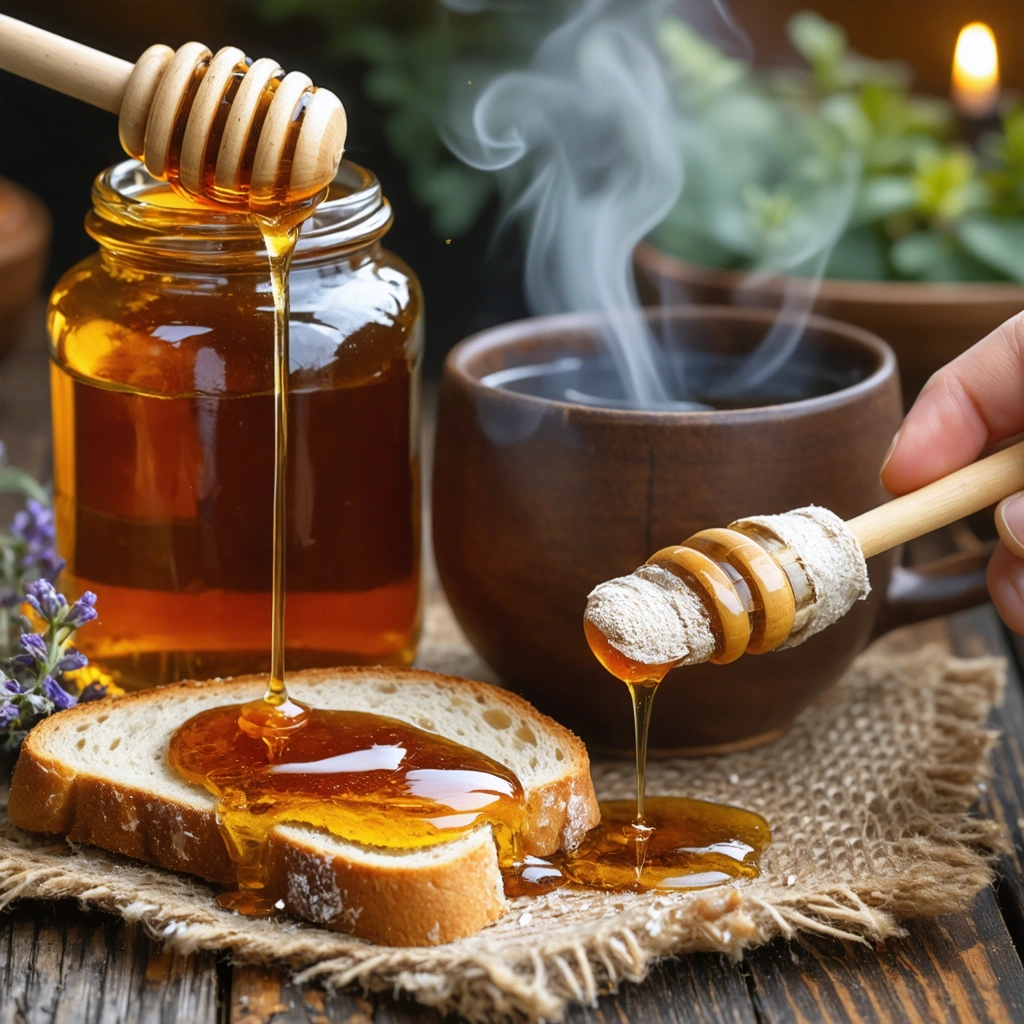 Une scène chaleureuse montrant un pot de miel, une tartine arrosée de miel, une tisane fumante et une main recevant du miel sur une petite coupure, symbolisant les bienfaits du miel contre la fatigue et les maux de gorge.