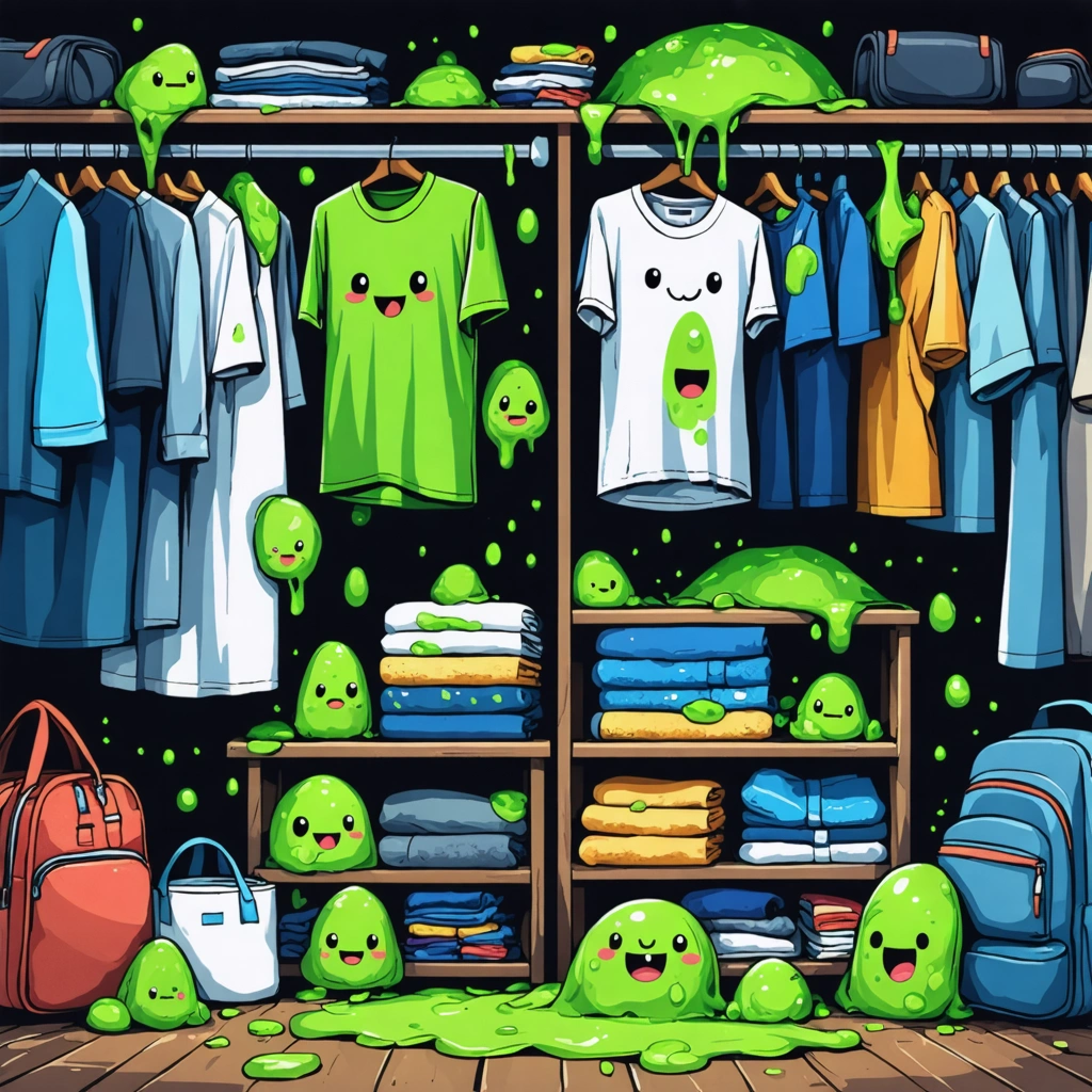 Des vêtements et serviettes dans une armoire ou un sac de sport, avec de petites taches de moisissure verte visibles sur les tissus, dans une ambiance chaude et humide.