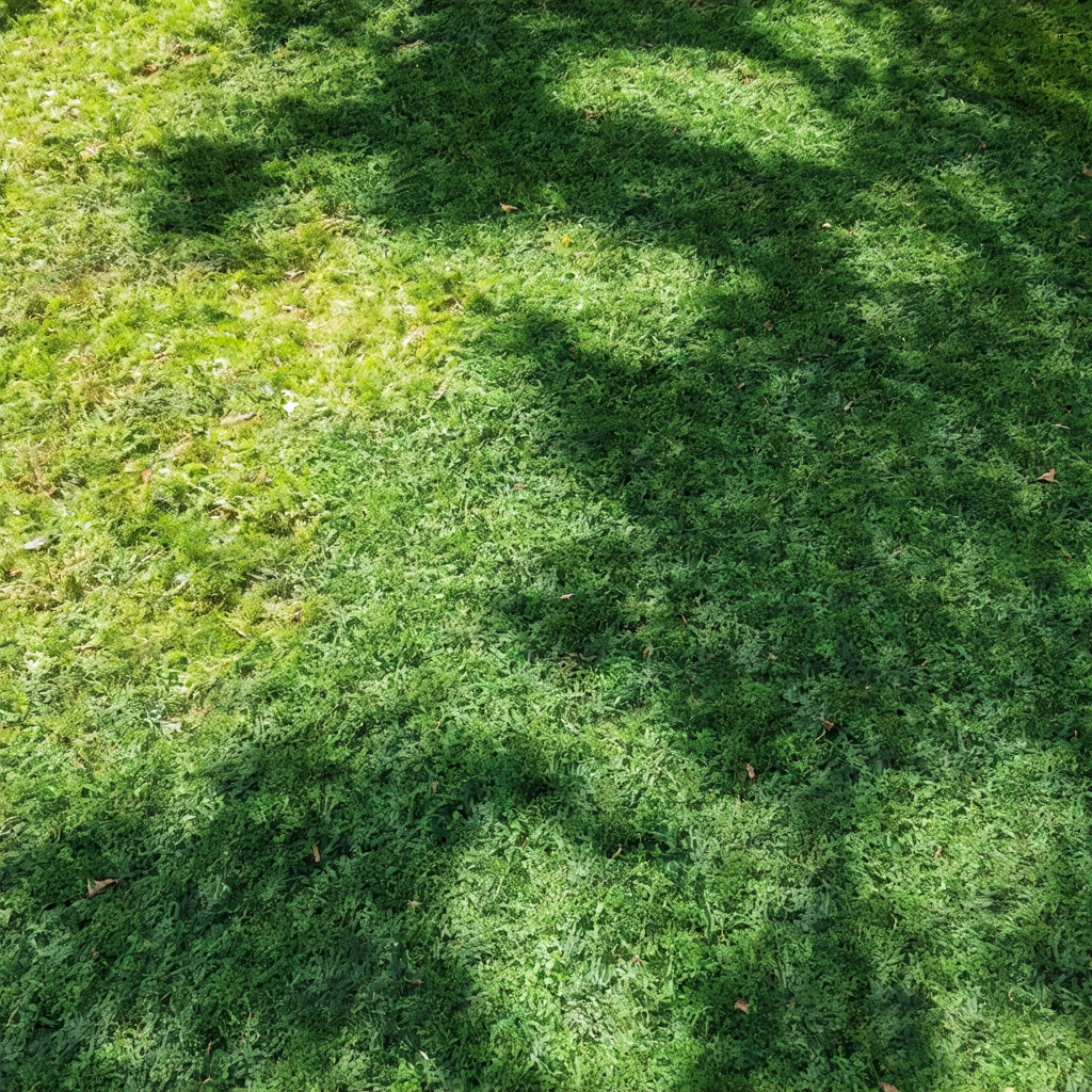 Pelouse de jardin où la mousse verte tapisse partiellement le sol parmi les brins d'herbe, dans une ambiance ombragée et naturelle.