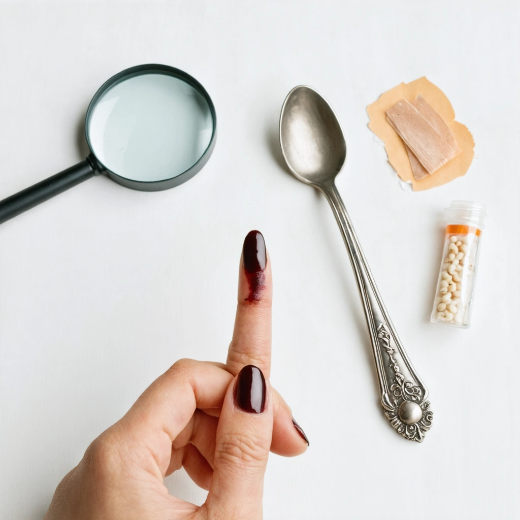 Gros plan sur une main montrant un doigt avec un ongle noir, accompagnée d'une loupe et d'une cuillère, le tout dans une ambiance légère et ludique.