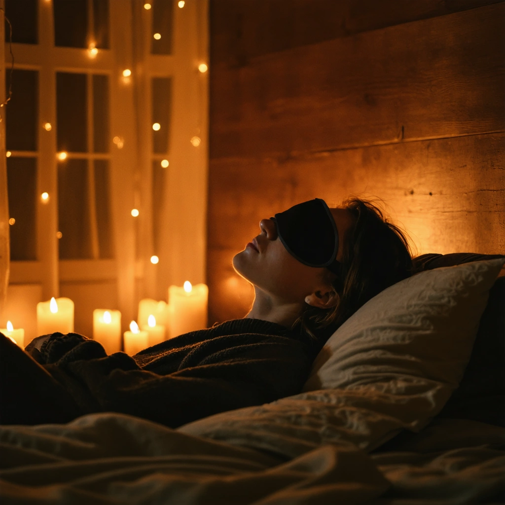Personne reposant dans une pièce tamisée, allongée avec un masque pour les yeux, entourée d’une ambiance douce et apaisante, évoquant un moment de détente pour reposer les yeux.