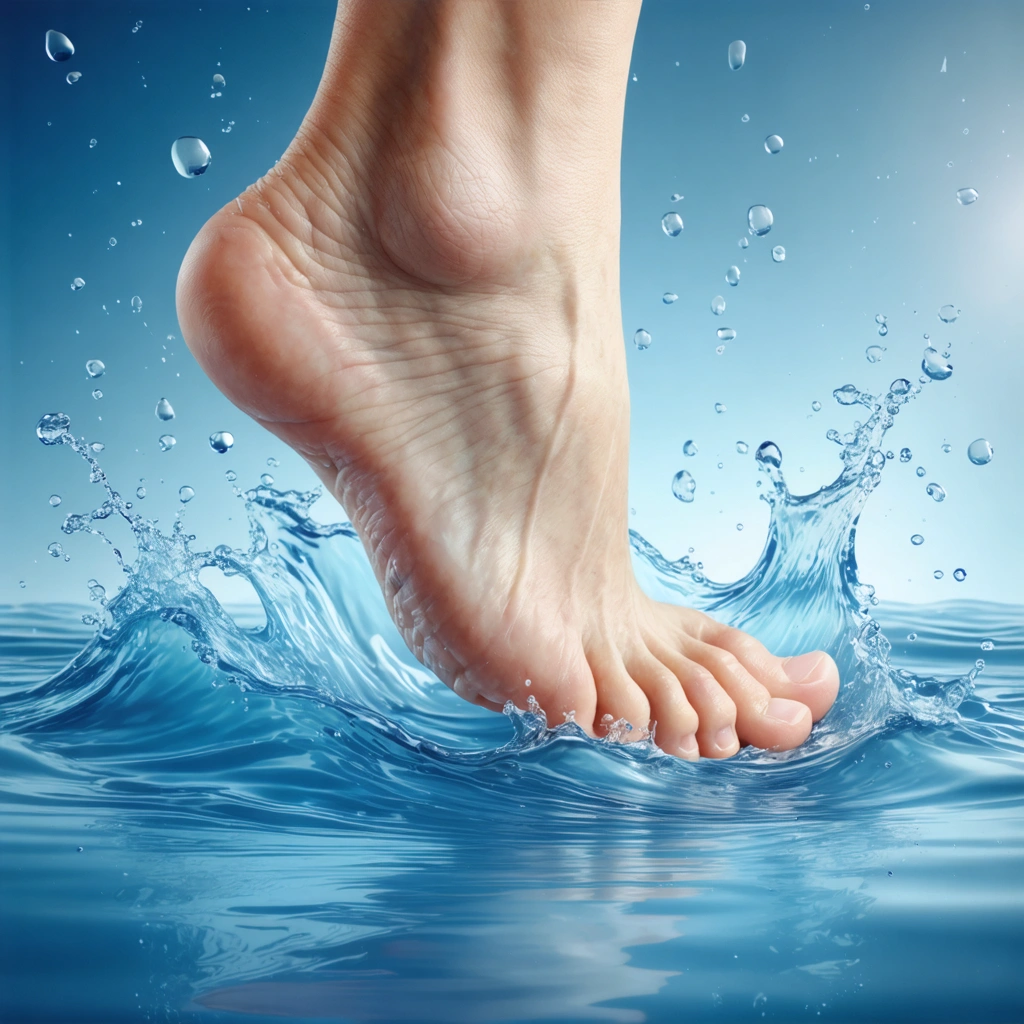 Illustration d'un pied humain enflé au niveau de la cheville, avec des éléments suggérant une accumulation d'eau et une ambiance médicale douce.