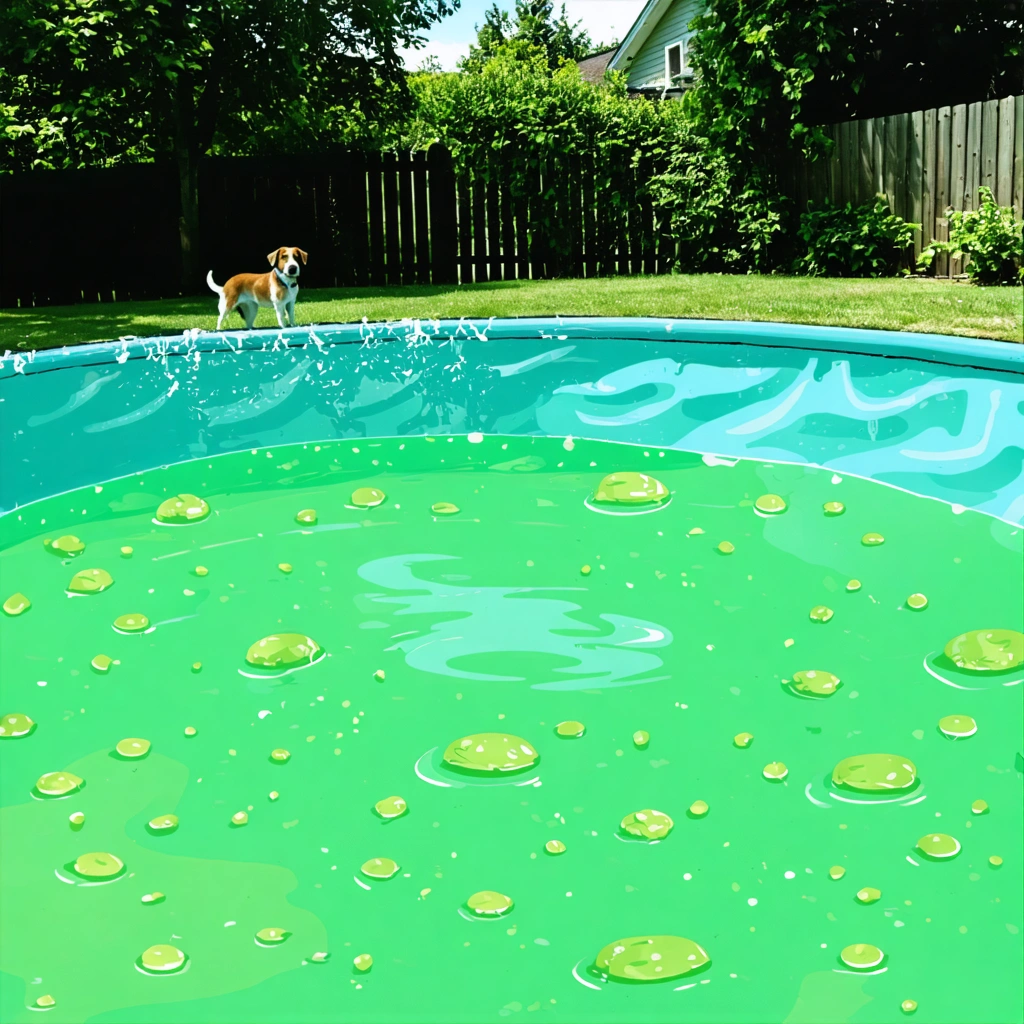 Une piscine de jardin dont l'eau est devenue verte à cause des algues, avec un chien curieux qui regarde depuis le bord, sur fond d'une journée ensoleillée.