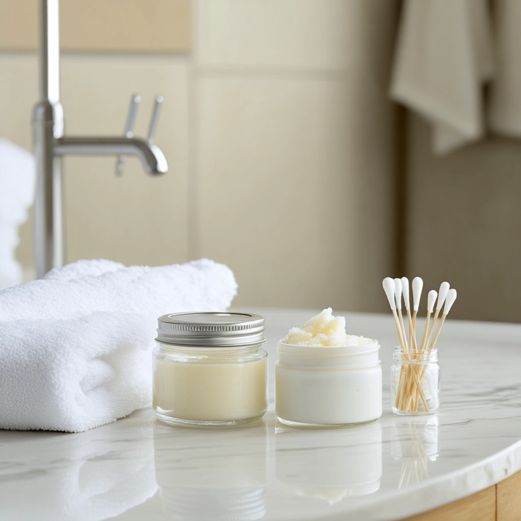 Un petit pot de vaseline, un pot de beurre de karité et quelques cotons-tiges posés sur une serviette dans une salle de bain, évoquant des soins doux pour le nez.