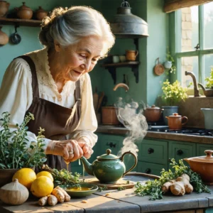 Une grand-mère prépare une tisane maison à base de thym, miel et citron dans une cuisine chaleureuse pour soigner une bronchite.