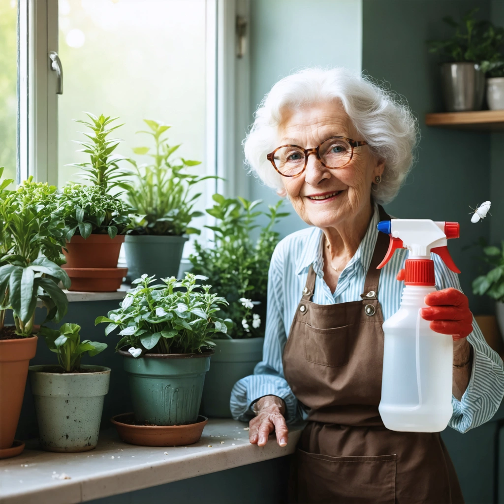 Mamie Colette soigne des plantes envahies par les cochenilles dans un intérieur lumineux, souriante avec son pulvérisateur.