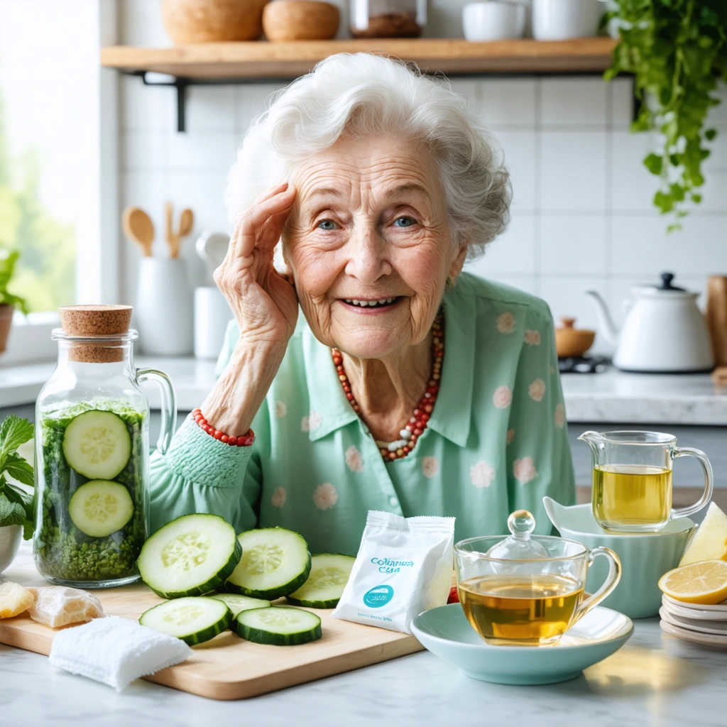 Une grand-mère souriante applique une compresse froide sur sa paupière gonflée dans une cuisine chaleureuse, entourée de rondelles de concombre et de sachets de thé.