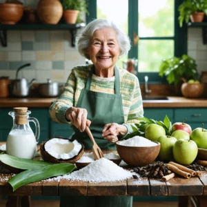 Une table de cuisine avec des ingrédients naturels comme du bicarbonate de soude, de l'aloe vera, du sel marin, de l'huile de coco, des clous de girofle, du thé vert et des pommes, préparés par une grand-mère souriante.