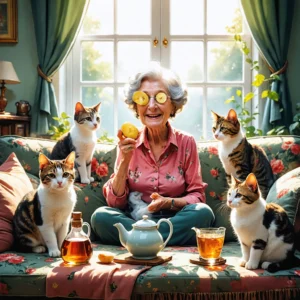 Mamie Colette applique une rondelle de pomme de terre sur ses yeux dans un salon chaleureux, entourée de chats et de remèdes naturels contre l'allergie aux poils de chat.