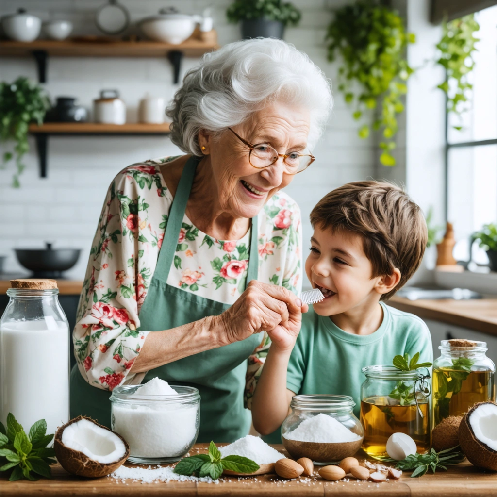 Mamie Colette prépare des remèdes naturels pour la langue blanche avec des ingrédients maison tout en montrant à un jeune comment nettoyer sa langue dans une cuisine chaleureuse.
