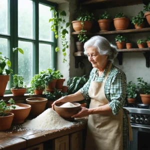 Mamie Colette installant des bols de gros sel et de riz dans sa cuisine, avec des plantes vertes et une fenêtre entrouverte pour chasser l'humidité.