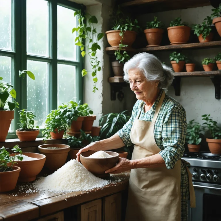 Mamie Colette installant des bols de gros sel et de riz dans sa cuisine, avec des plantes vertes et une fenêtre entrouverte pour chasser l'humidité.