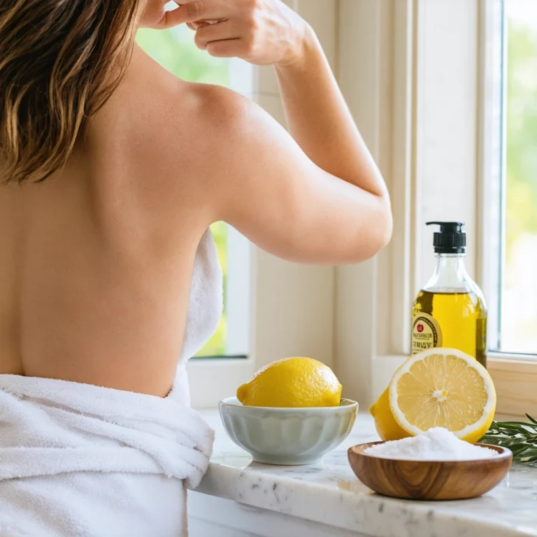 Une femme dans sa salle de bain applique un remède naturel sous ses aisselles à l'aide de produits comme du citron, du bicarbonate, de l'argile et du vinaigre de cidre.