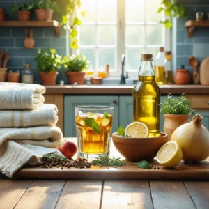 Une table en bois avec des remèdes de grand-mère contre la fièvre : verre d'eau, bol de bouillon, tisane au citron, bouteille de vinaigre de cidre, oignon frais coupé, linge propre et couverture moelleuse dans une cuisine chaleureuse.