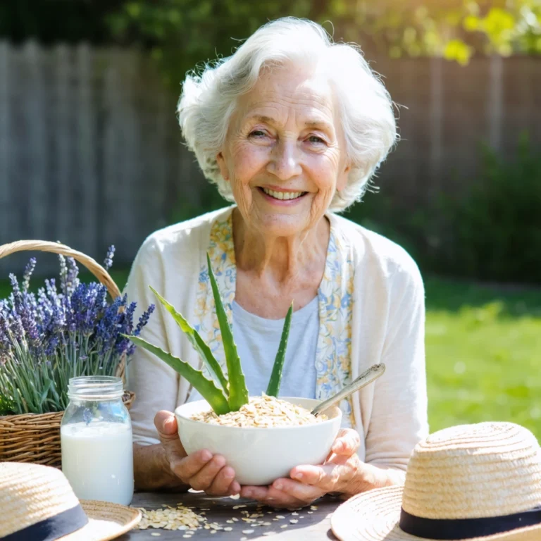 Mamie Colette prépare des remèdes naturels contre l'allergie au soleil dans un jardin ensoleillé, entourée d'ingrédients comme l'avoine, l'aloe vera et le yaourt.