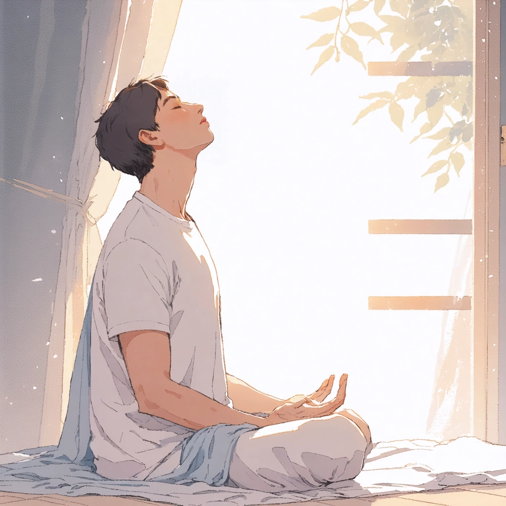 Personne assise confortablement pratiquant la respiration profonde, les yeux fermés, entourée d’une ambiance douce et apaisante rappelant la détente et le confort d’une couette en hiver.