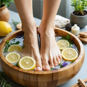 Des pieds sains et lisses trempant dans un bain de pieds naturel avec des herbes et du citron, symbole de douceur et de soins maison.