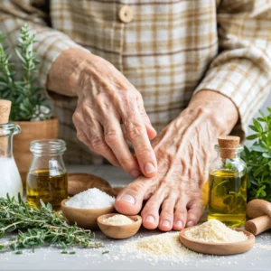 Mamie appliquant des remèdes naturels sur un ongle noir, avec vinaigre et huile essentielle sur une table de cuisine.