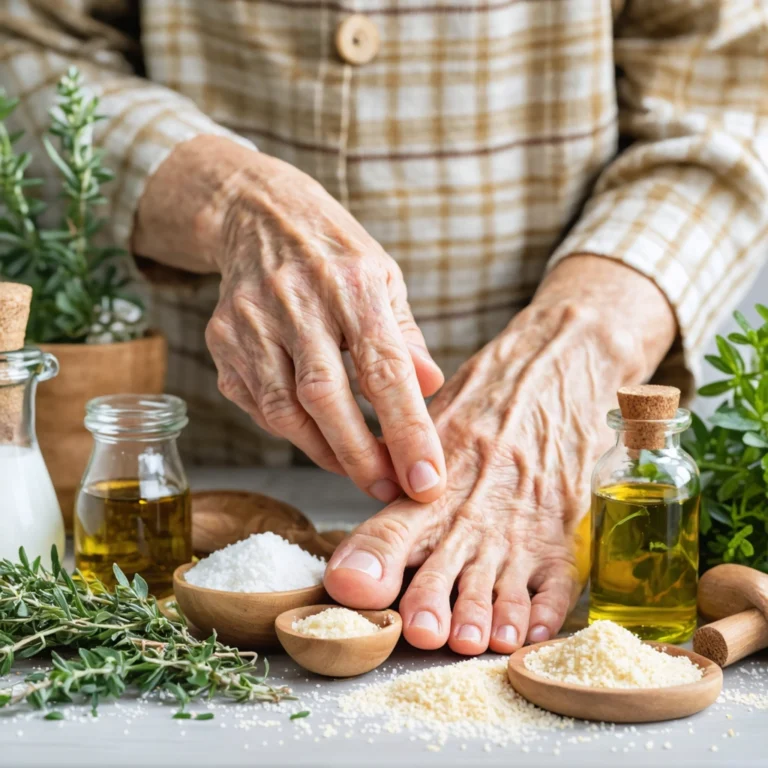 Mamie appliquant des remèdes naturels sur un ongle noir, avec vinaigre et huile essentielle sur une table de cuisine.