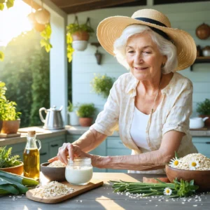 Mamie Colette prépare un remède naturel avec du yaourt, de l’aloe vera et de la camomille pour calmer une irritation de la peau due au soleil.