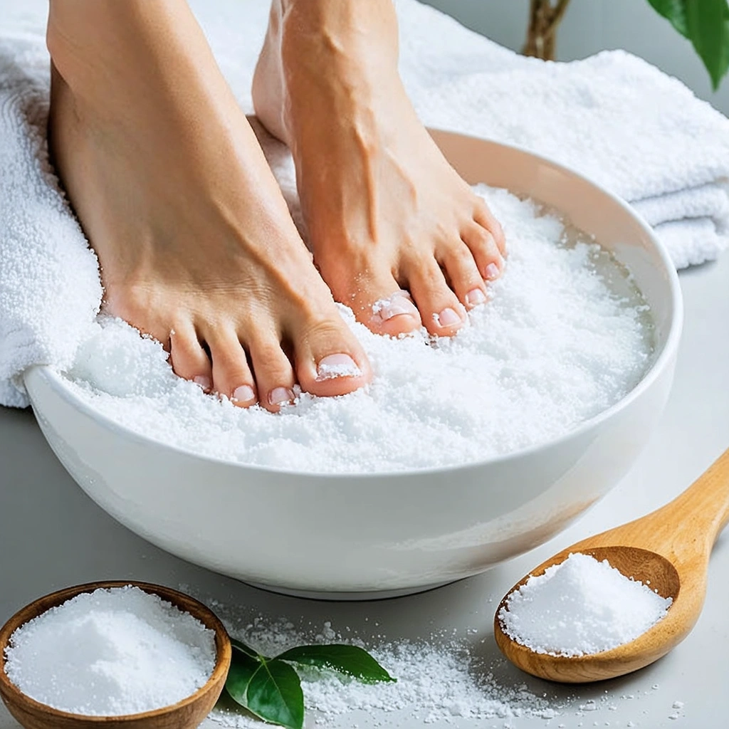 Une personne prend soin de ses pieds dans une bassine d'eau tiède avec du bicarbonate de soude, une serviette propre à côté et une ambiance relaxante.