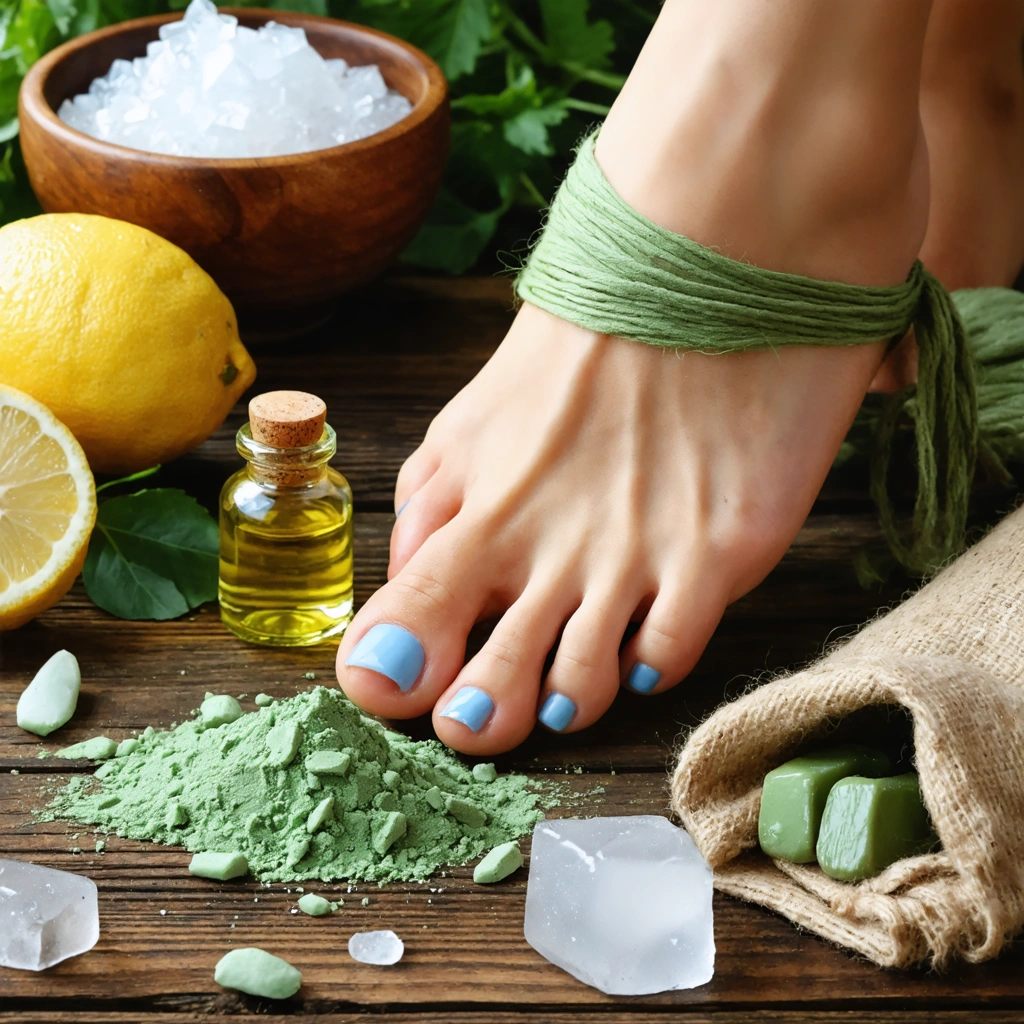 Un orteil avec un ongle bleu enveloppé d'une compresse d'argile verte, entouré de remèdes naturels comme de l'huile d'arnica, du citron et une poche de glace, disposés sur une table en bois.