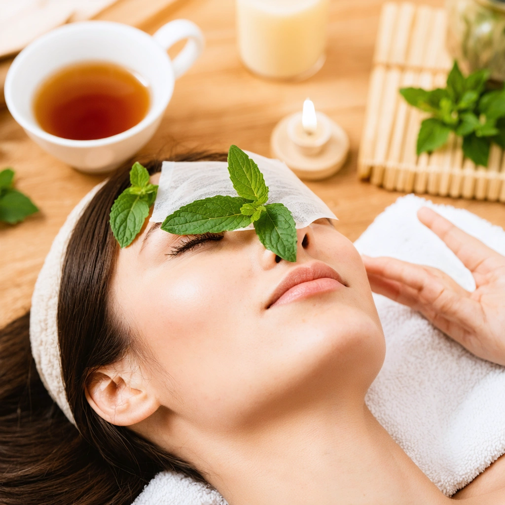 Une femme se détend avec des sachets de thé et des feuilles de menthe posés sur ses paupières, dans une ambiance de spa à la maison, éclairée par une lumière douce.