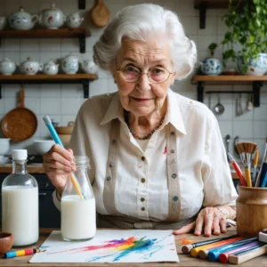 Mamie Colette applique un remède de grand-mère sur une tache de feutre colorée, assise dans une cuisine chaleureuse avec des produits ménagers traditionnels.